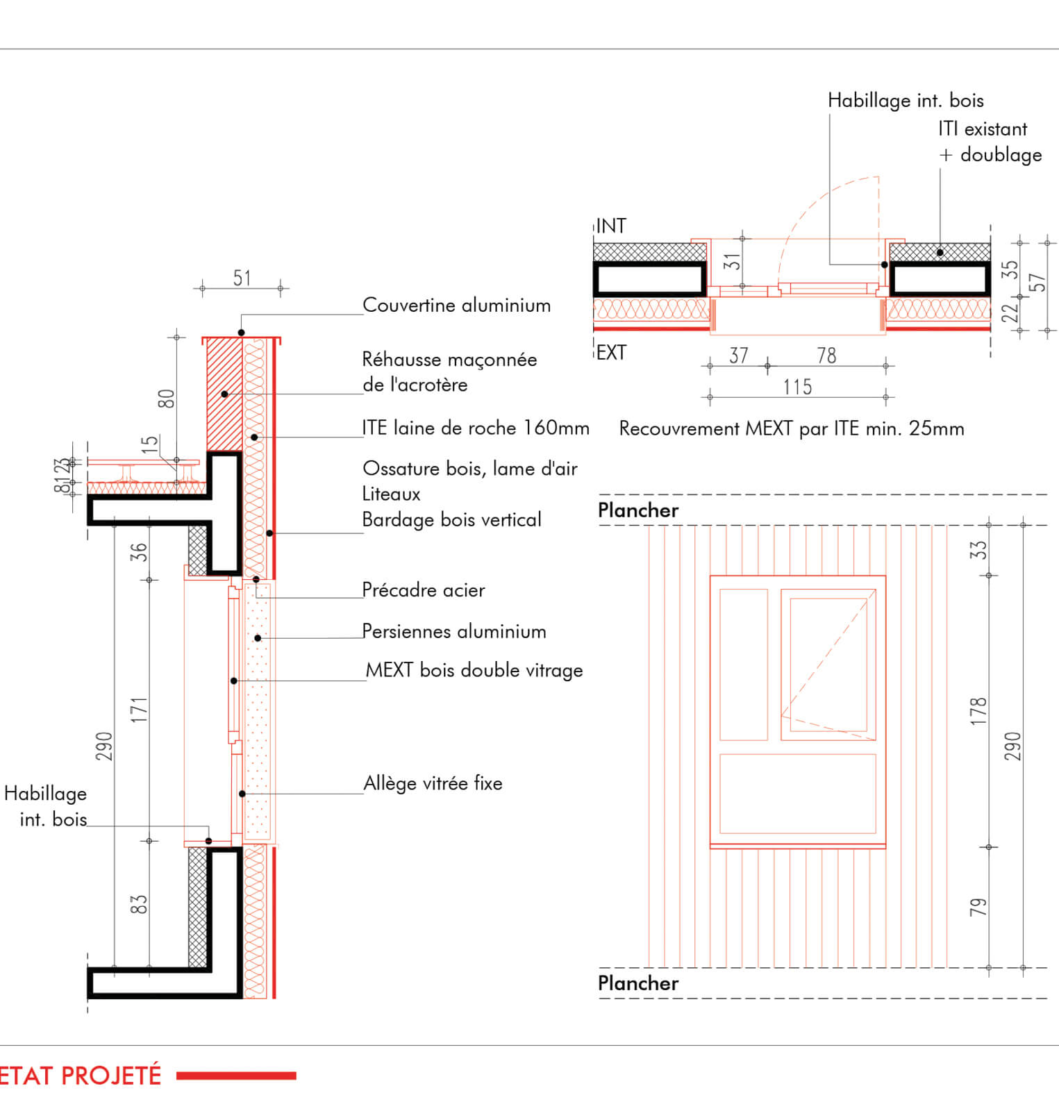 Dessin technique décrivant les matériaux utilisés pour l’isolation et les fenêtres du projet restructuration et réhabilitation plan climat rue Émile Lepeu