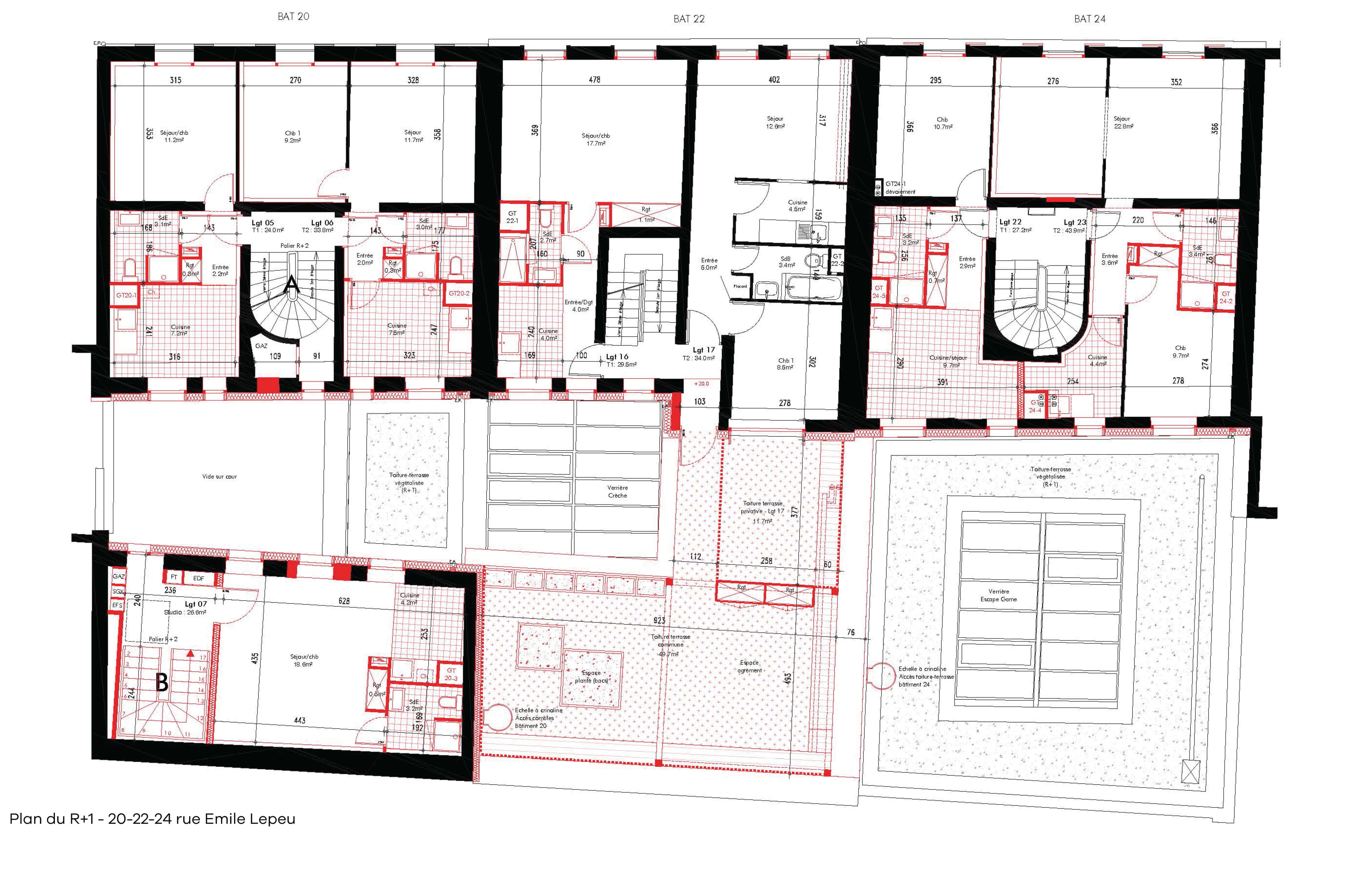 Plan du R+1 détaillant la composition de chaque logement dans les 3 immeubles du projet restructuration et réhabilitation plan climat rue Émile Lepeu