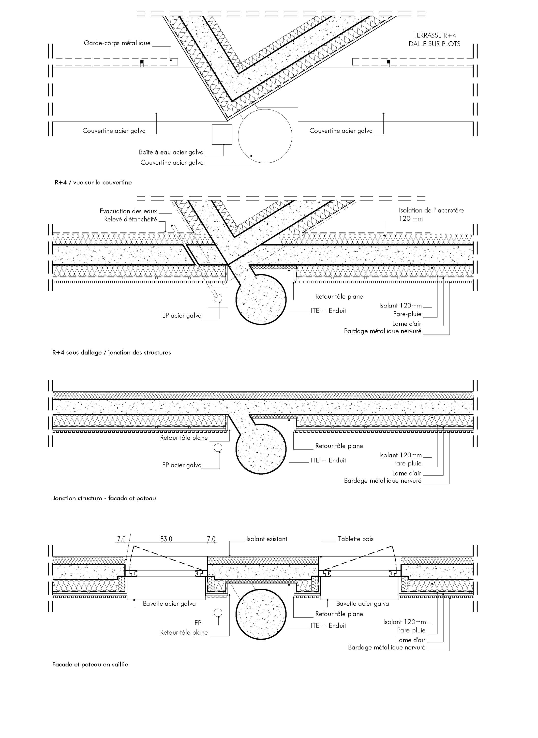Dessin technique représentant en 4 coupes les materiaux et isolants réhabilitation énergétique plan climat de l’immeuble de la rue de Fontarabie