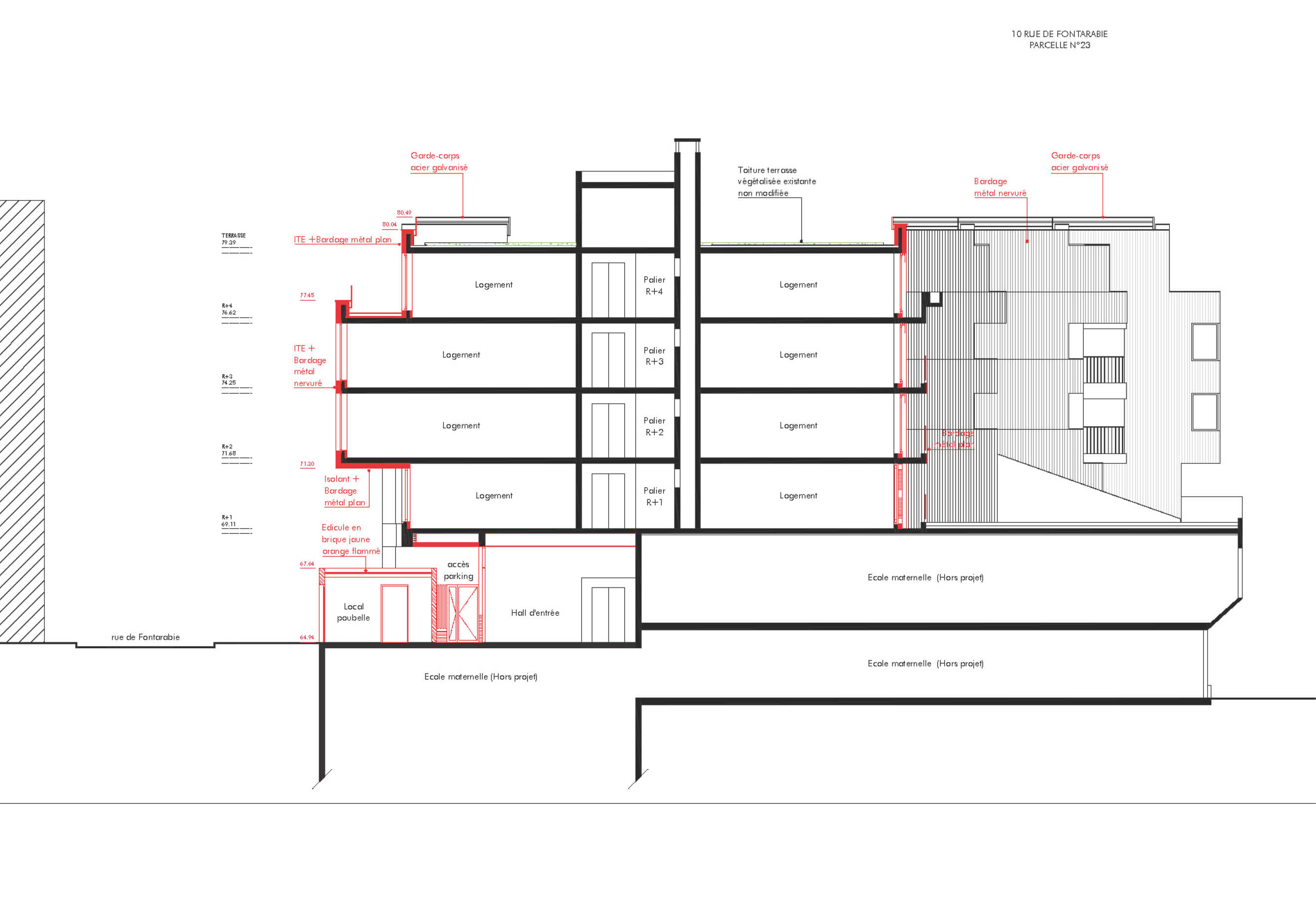 Dessin technique représentant une coupe de l’immeuble de la rue de Fontarabie montrant l’affectation des différents espaces dans le cadre de la réhabilitation énergétique plan climat