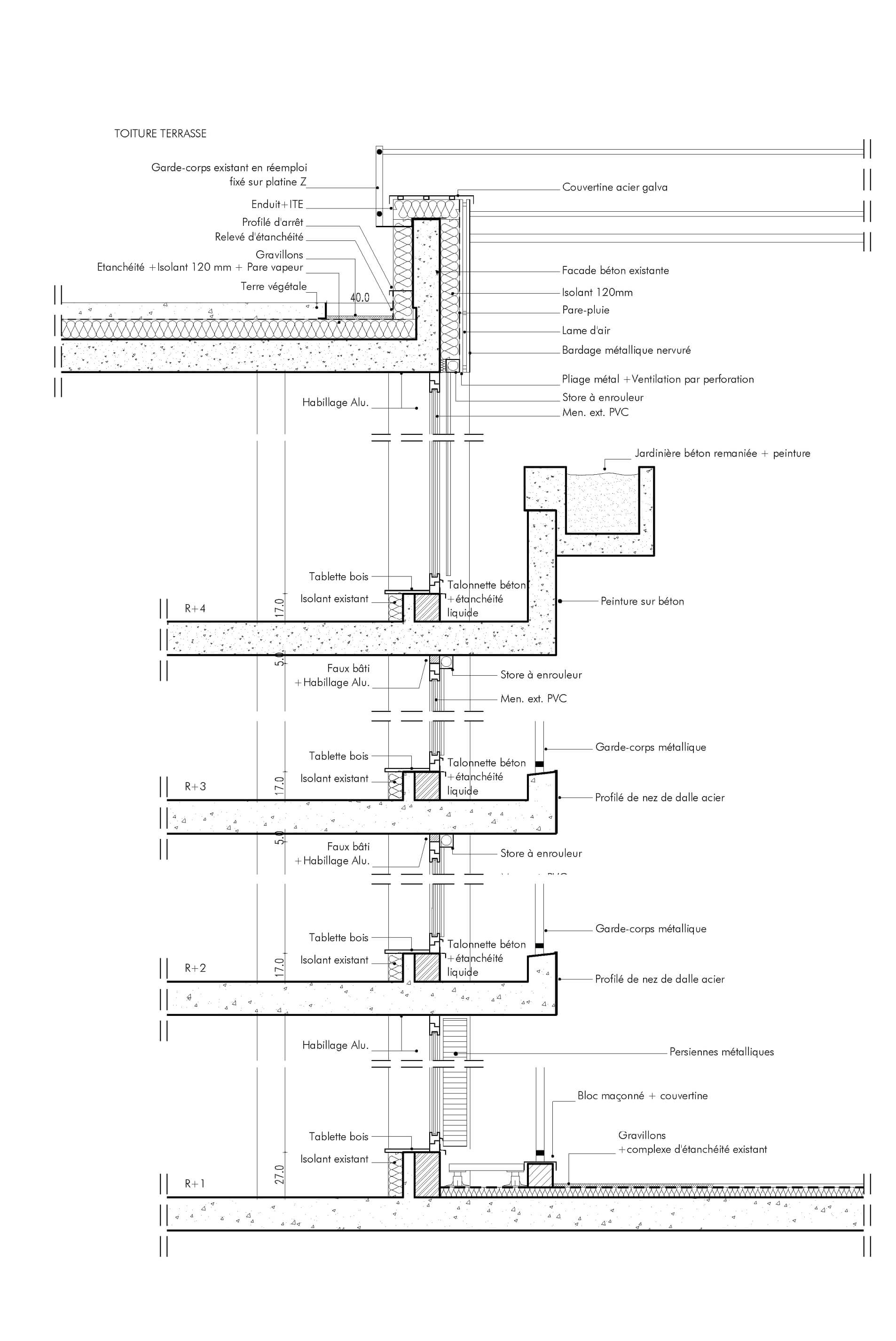Dessin en couleur détaillant les matériaux utilisés pour la façade côté balcons de l’immeuble rue de Fontarabie dans le cadre de la réhabilitation énergétique plan climat