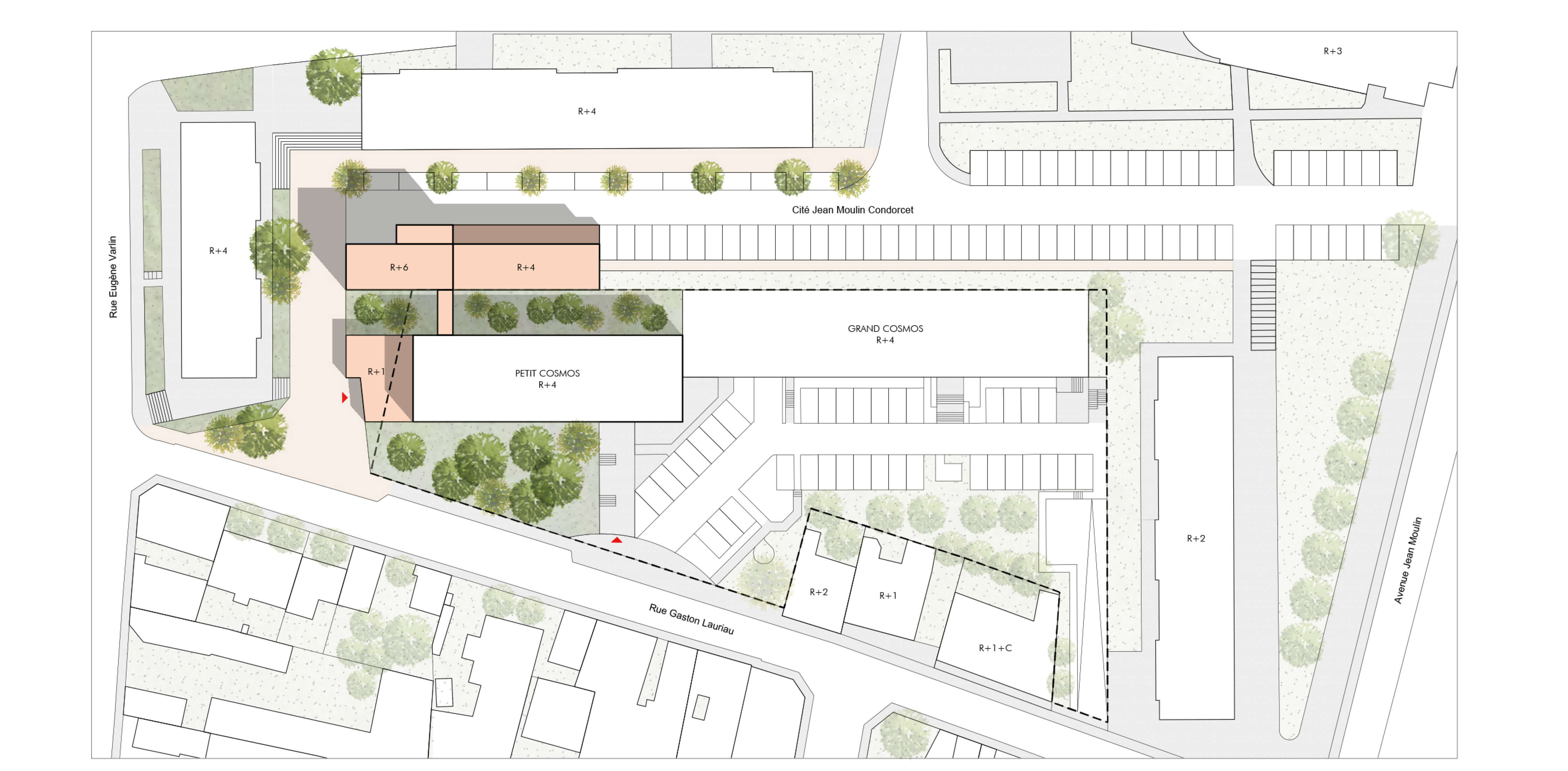 Plan en couleur représentant une vue aérienne du site pour le projet d’extension et d’aménagement du siège d’Est Ensemble Habitat avec anciens immeubles et bâtiments à construire