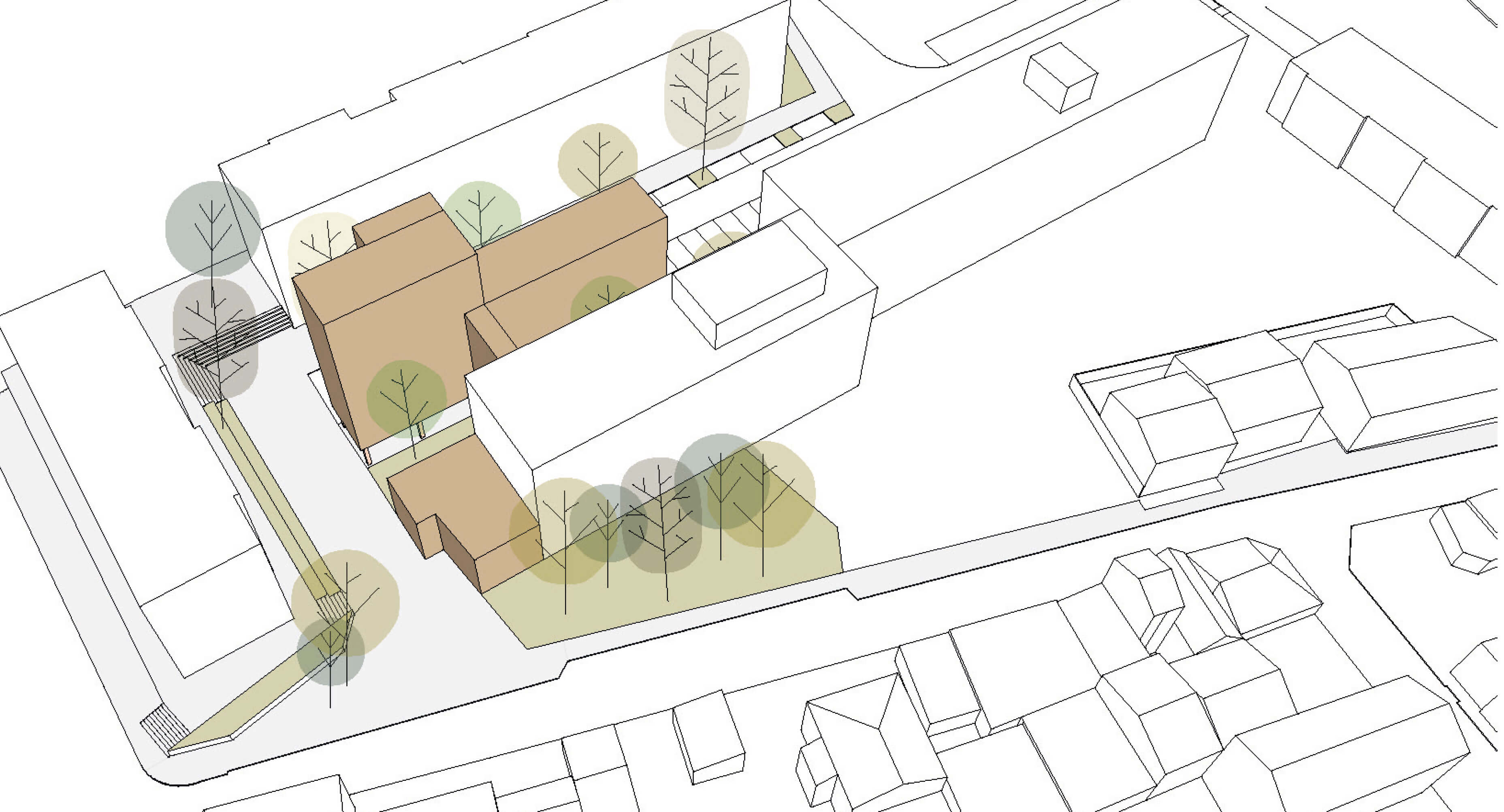 Dessin 3D avec nouvelles extensions en couleur intégrées aux bâtiments déjà existants avec quelques arbres pour animer la représentation