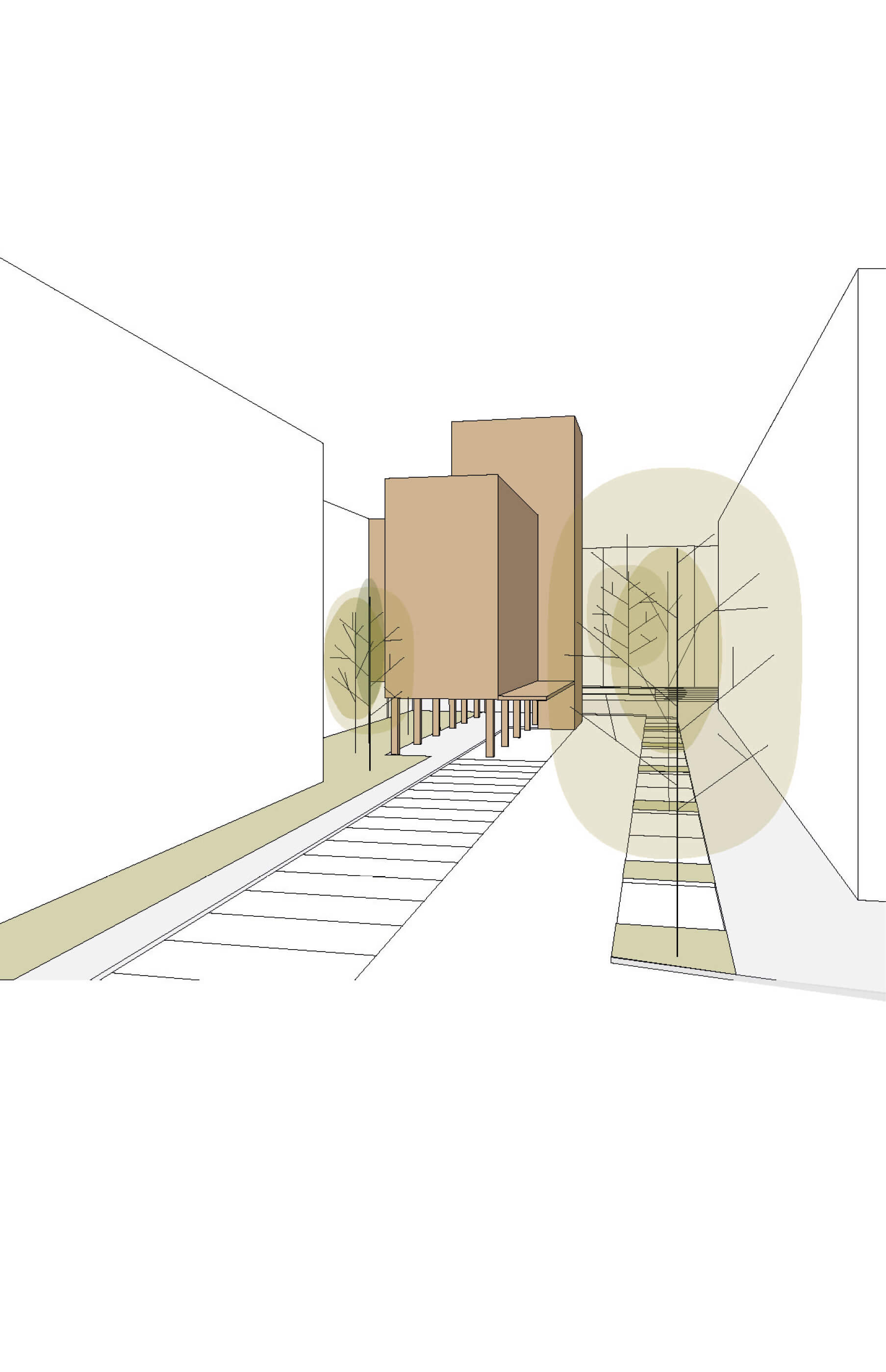 Dessin 3D du site du projet d’extension et d’aménagement du siège d’Est Ensemble Habitat avec arbres, bâtiments existants et extension sur pilotis en marron