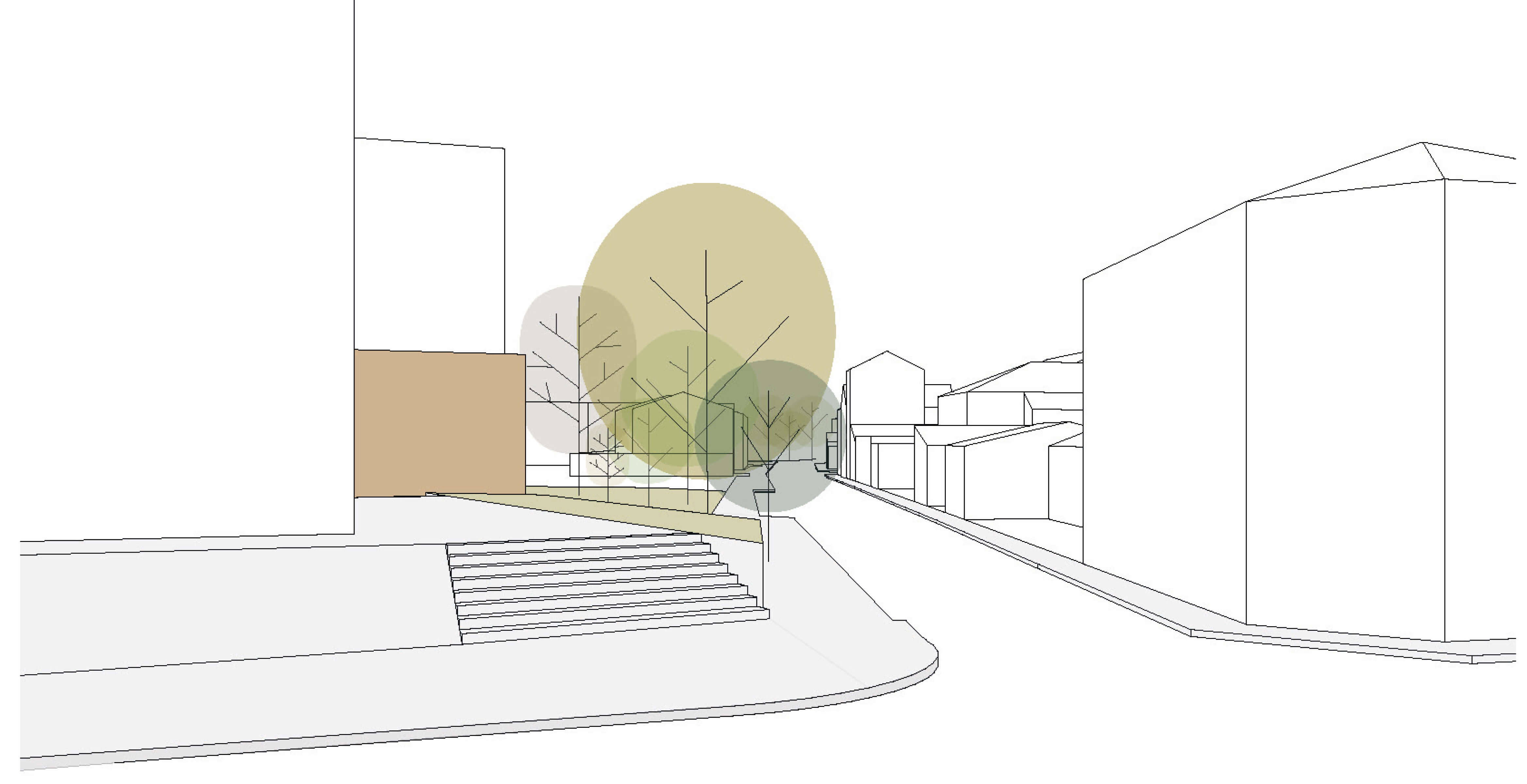 Dessin 3D d’une rue du site du projet d’extension et d’aménagement du siège d’Est Ensemble Habitat avec arbres et nouveau bâtiment en couleur