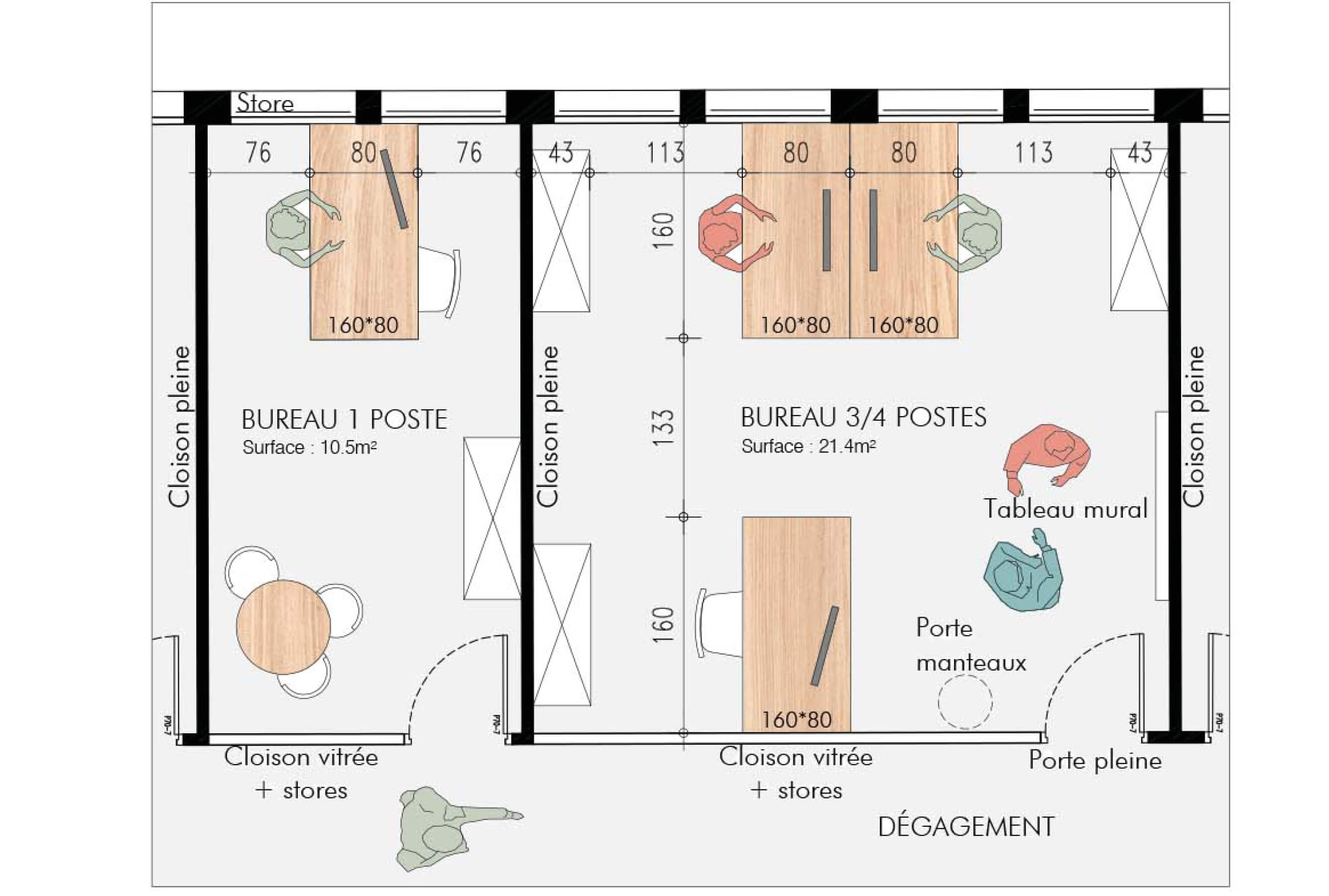 Dessin technique en couleur détaillant l’aménagement de deux bureaux dans le nouveau siège d’Est Ensemble Habitat