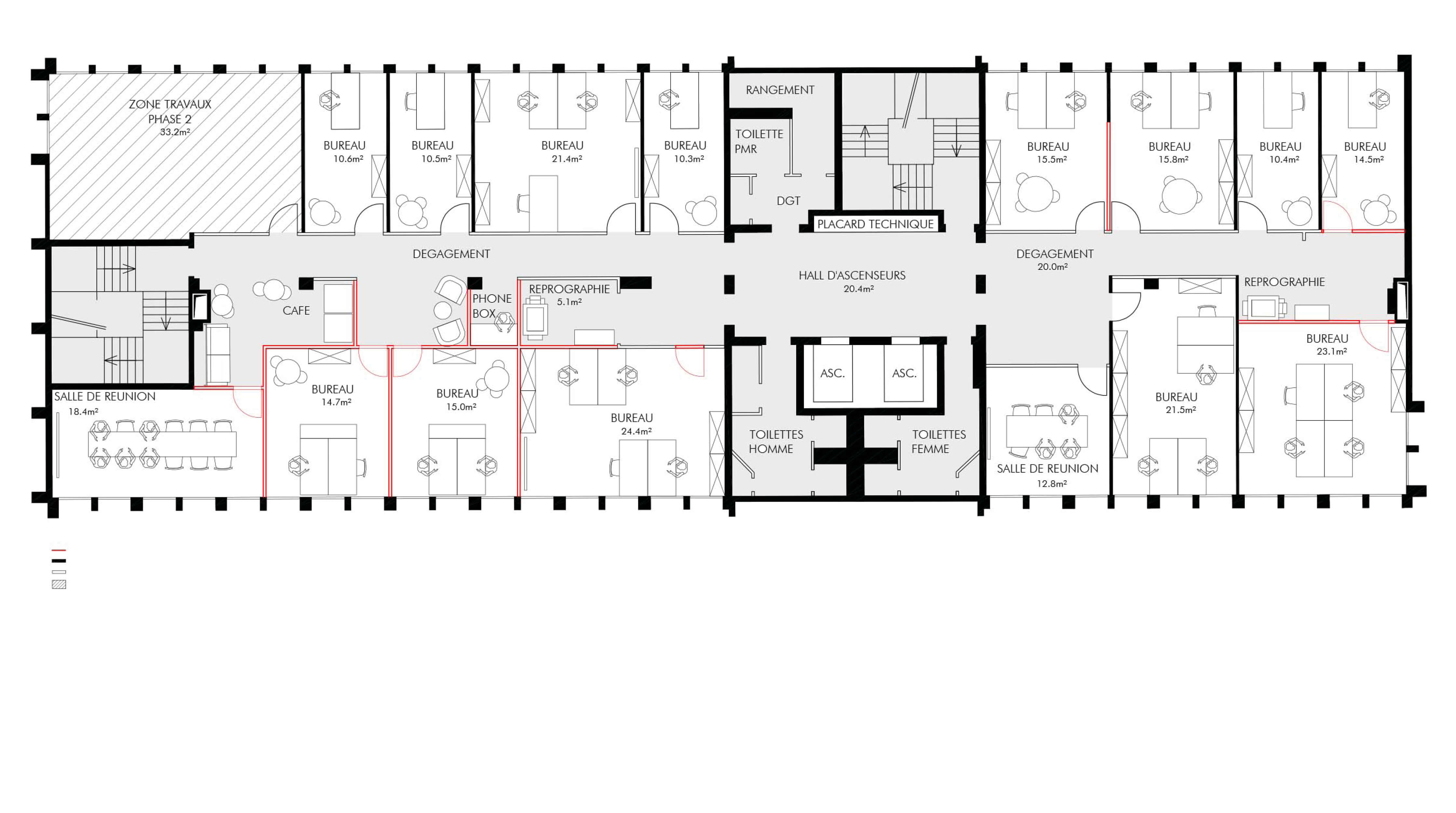 Dessin technique d’un étage du nouveau siège d’Est Ensemble Habitat avec répartition des différents bureaux