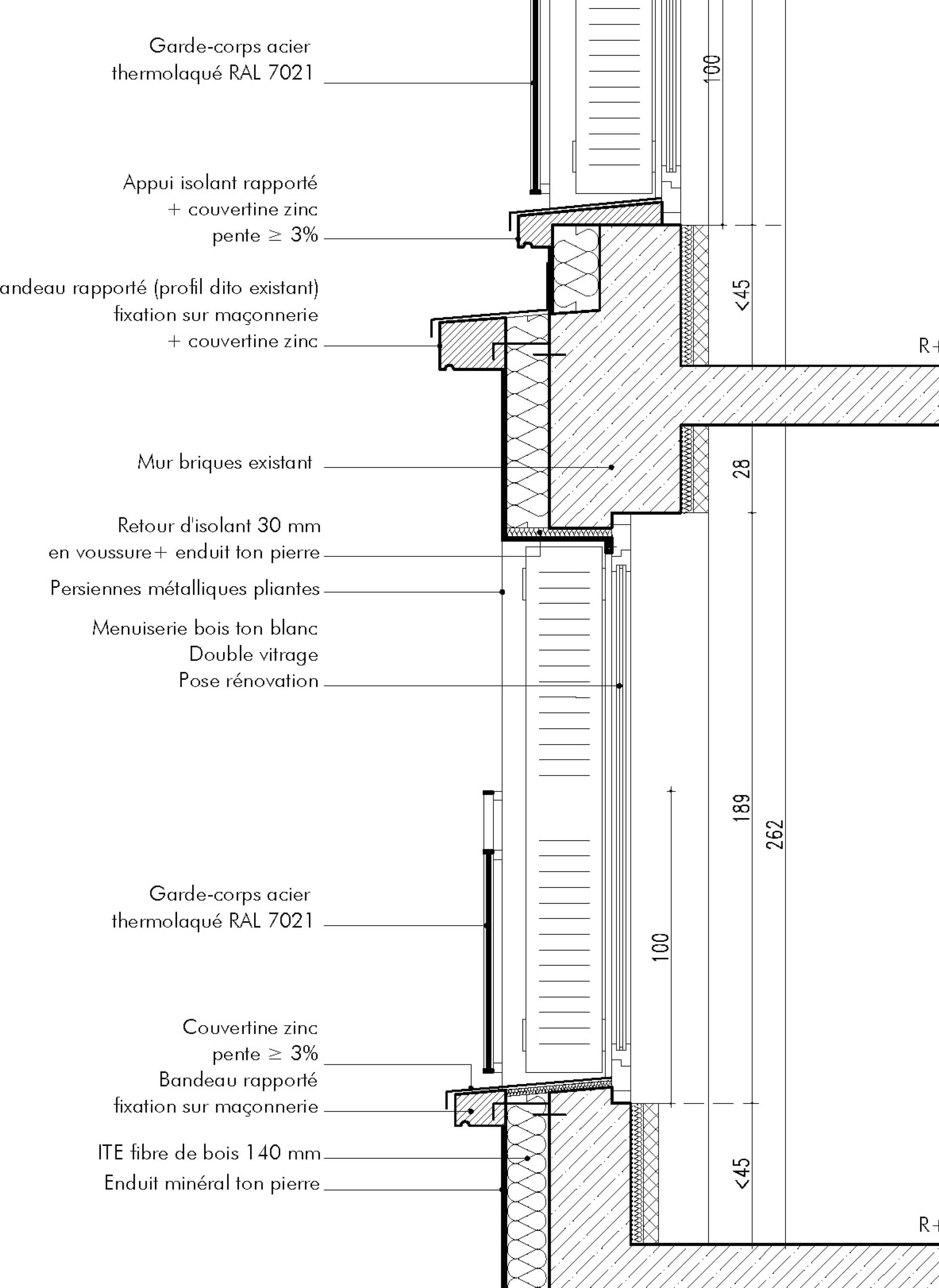 Dessin technique détaillant les différents matériaux utilisés pour la façade et les fenêtres du projet réhabilitation plan climat en milieu habité rue Jeanne d’Arc