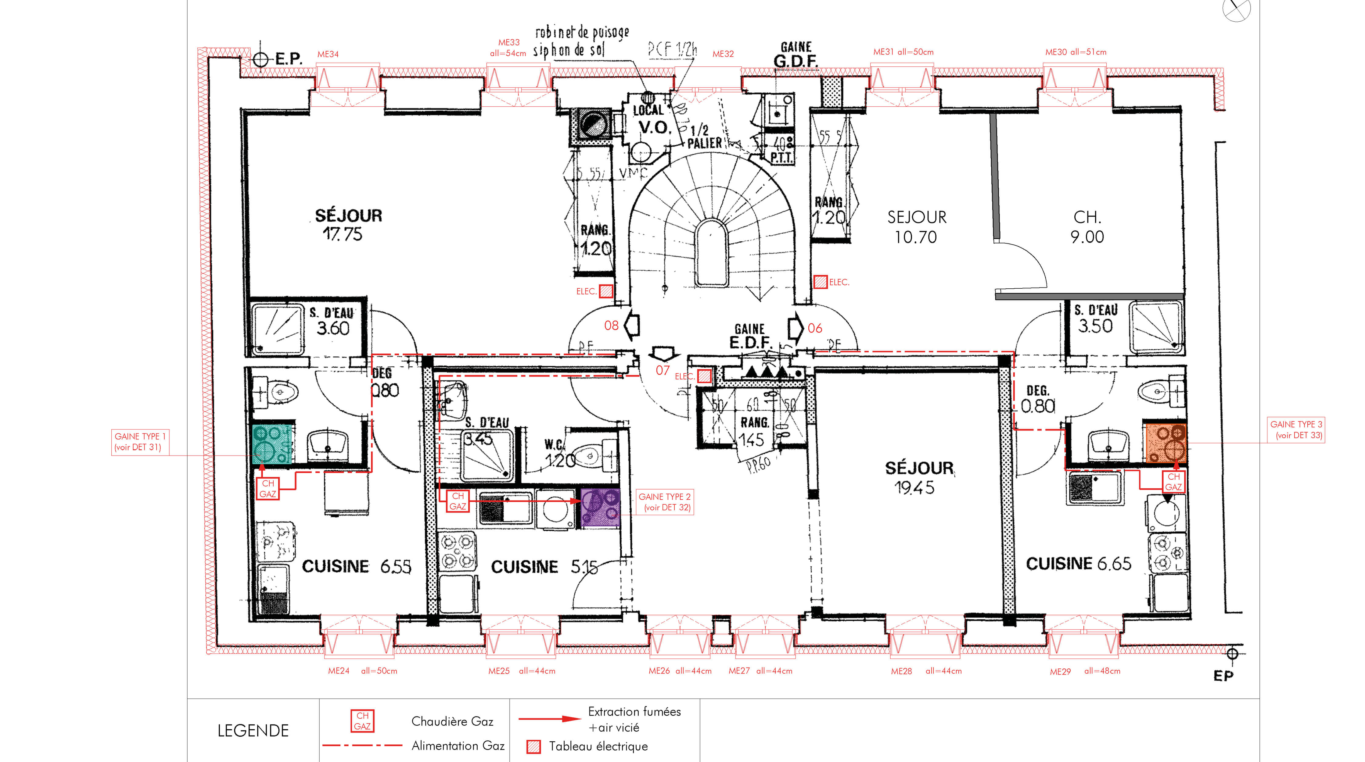 Dessin technique détaillant la composition des logements du projet réhabilitation plan climat en milieu habité rue Jeanne d’Arc