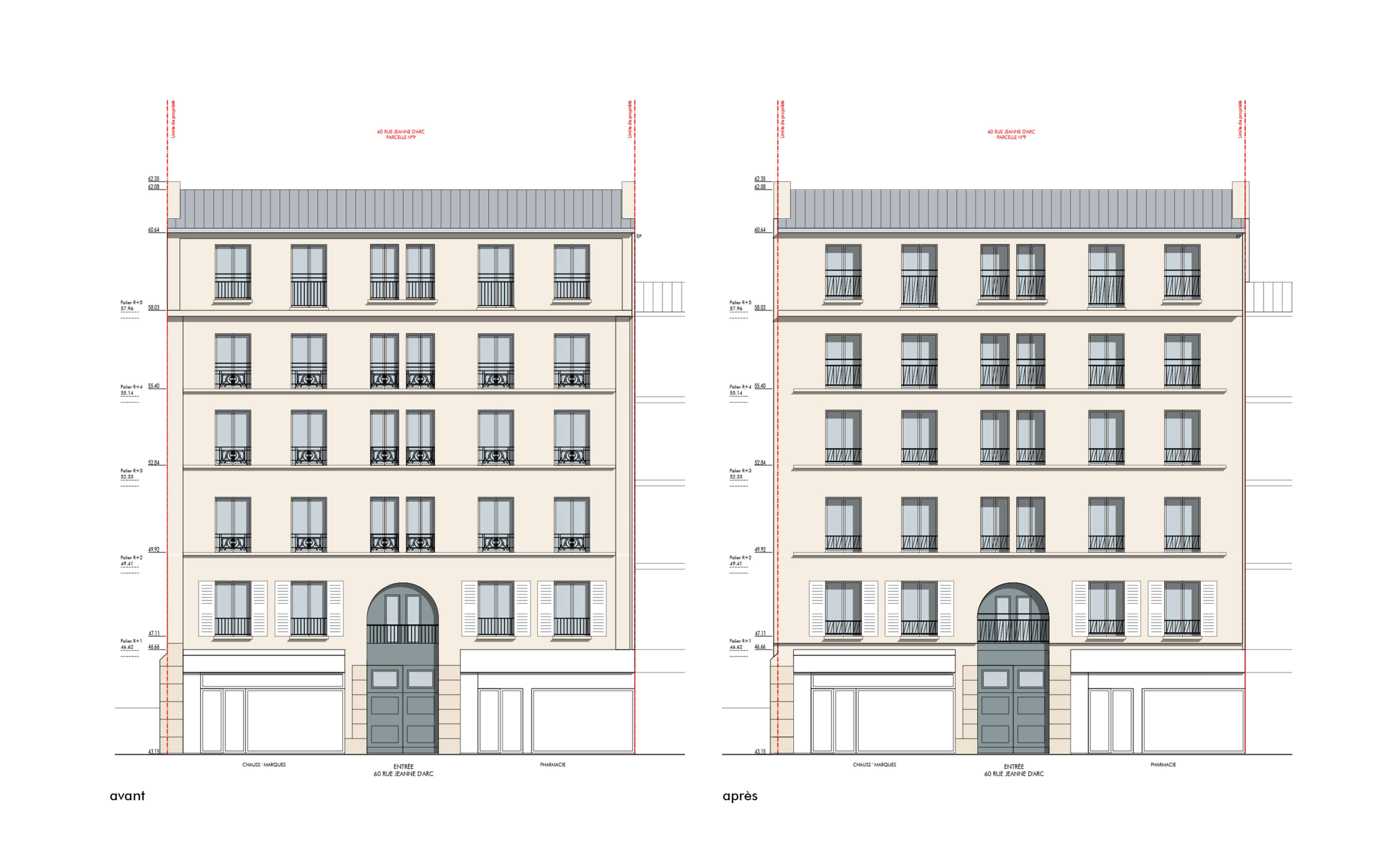 Dessin technique en couleur montrant la façade rue avant et après la réhabilitation plan climat en milieu habité rue Jeanne d’Arc