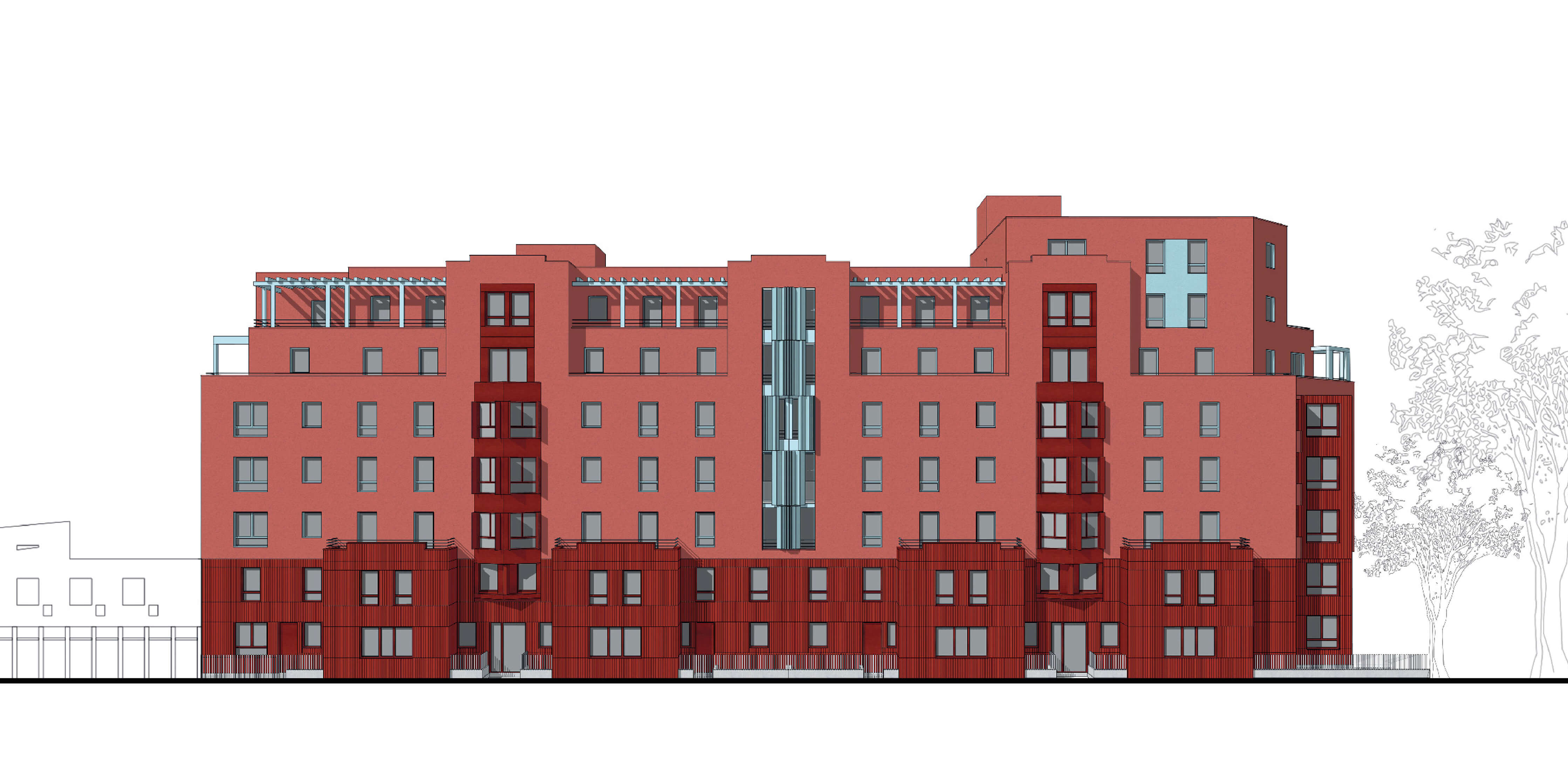 Dessin représentant la façade rouge de la proposition Là-Haut dans le cadre du concours pour la rehabilitation plan climat rue kergomard