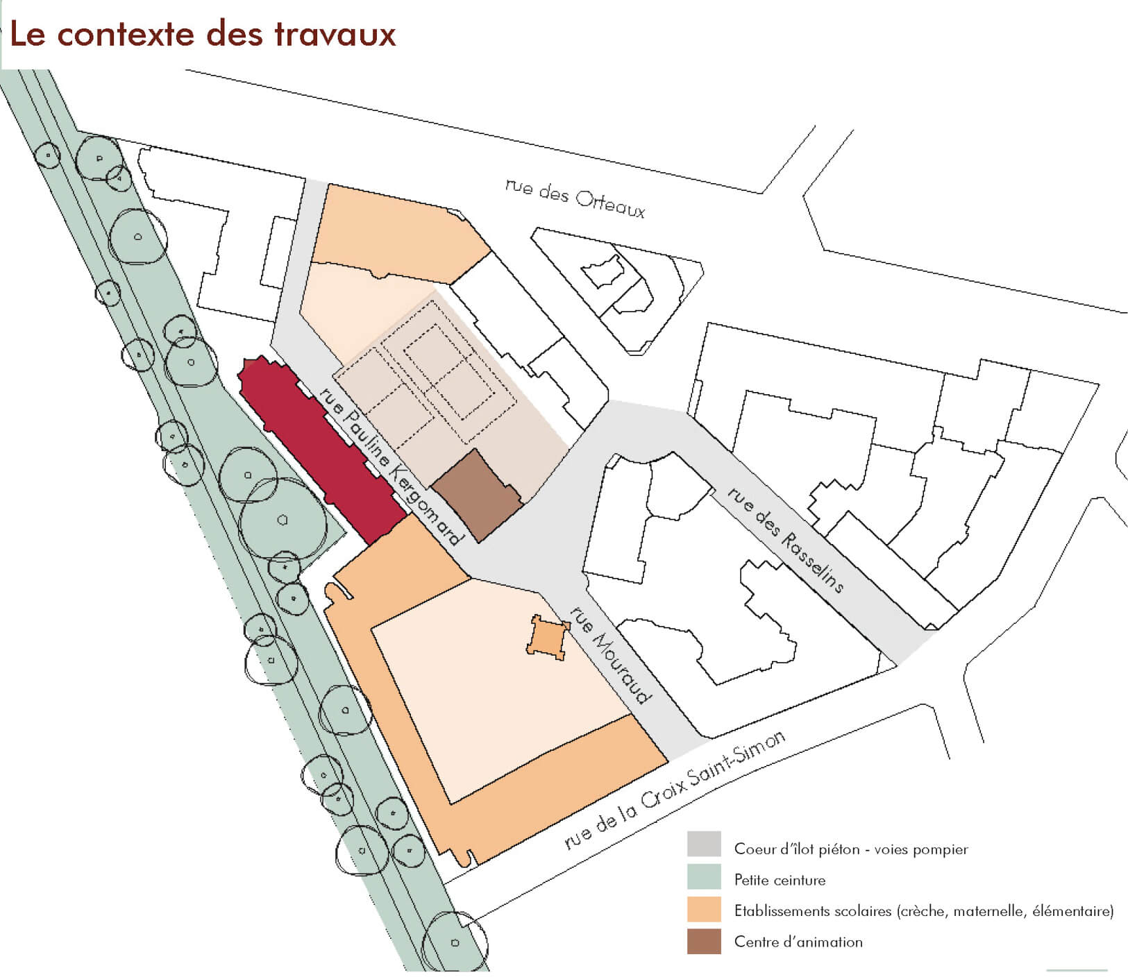 Plan en couleur de l’îlot de la ZAC Saint-Blaise avec, en rouge, le bâtiment visé dans le cadre du concours pour la rehabilitation plan climat rue kergomard