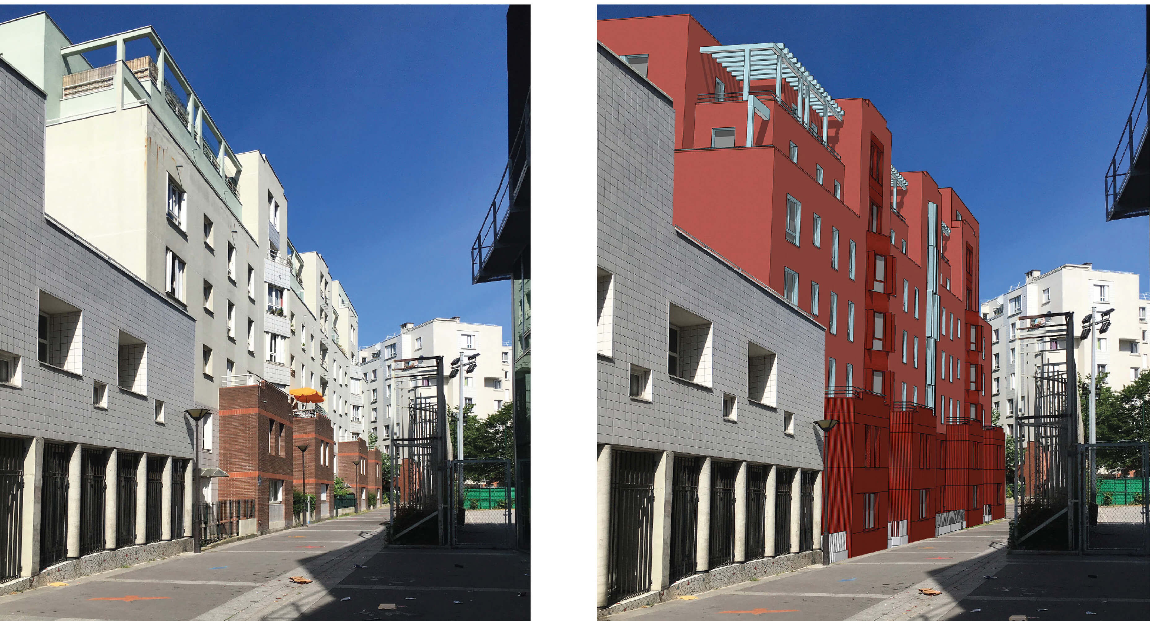 Photo avant-après du bâtiment concerné par le concours pour la rehabilitation plan climat rue kergomard avec incrustation d’une simulation du bâtiment rénové