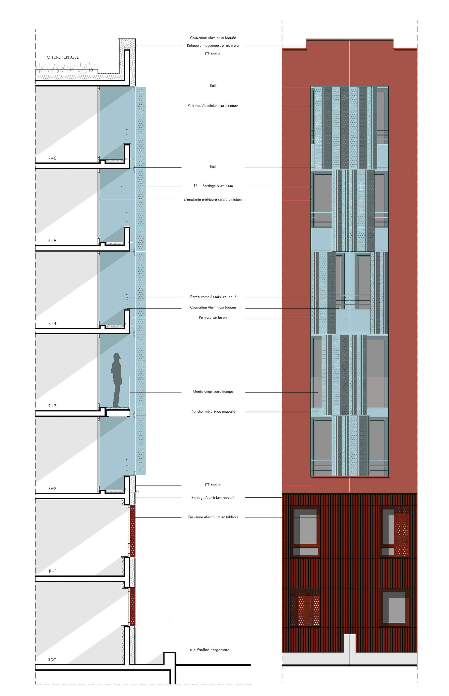 Dessin technique en couleur des loggias vues de face et de profil avec détail des matériaux du bâtiment concerné par le concours pour la rehabilitation plan climat rue kergomard