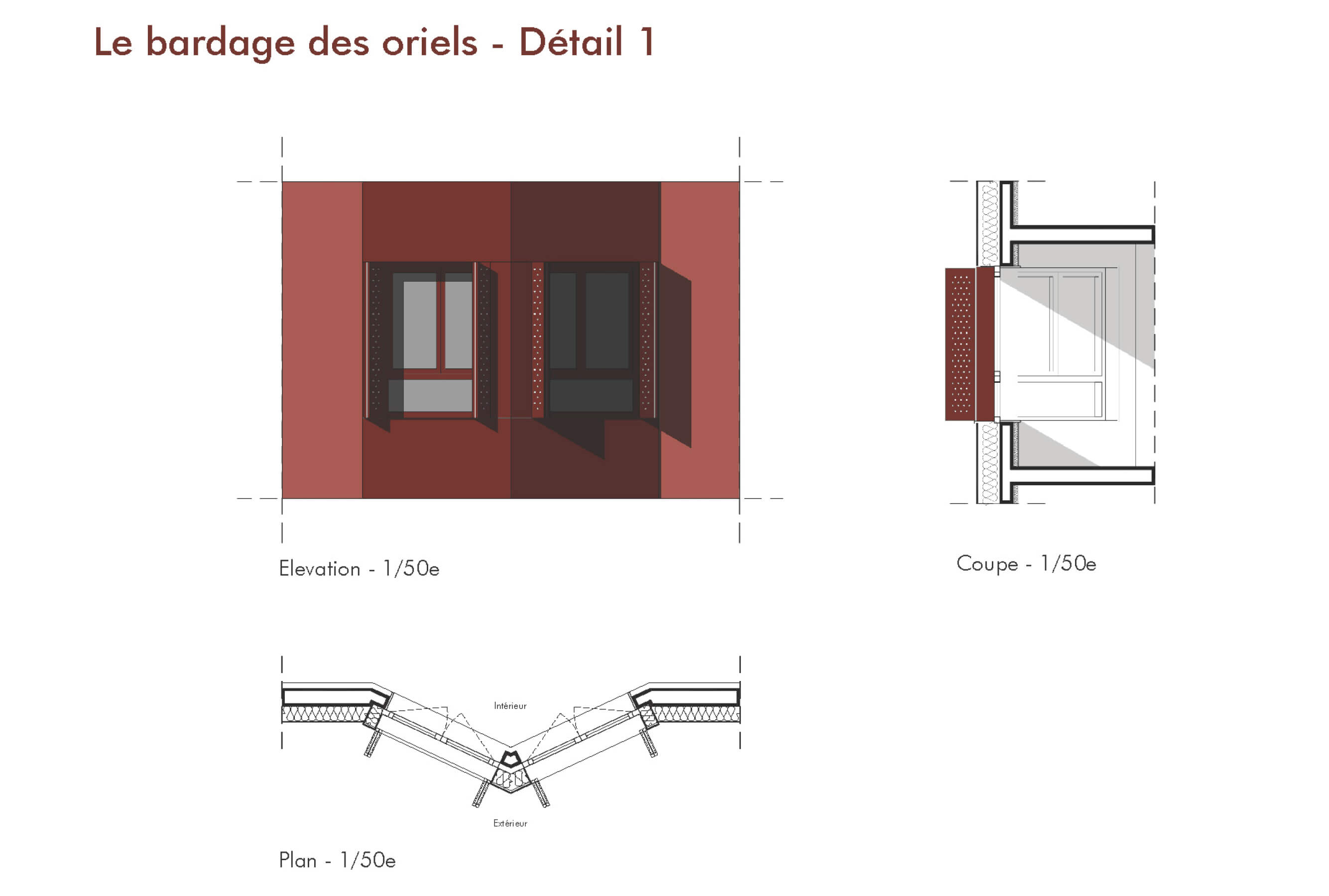 Dessin technique des vues face et coupe des oriels du bâtiment concerné par le concours pour la rehabilitation plan climat rue kergomard