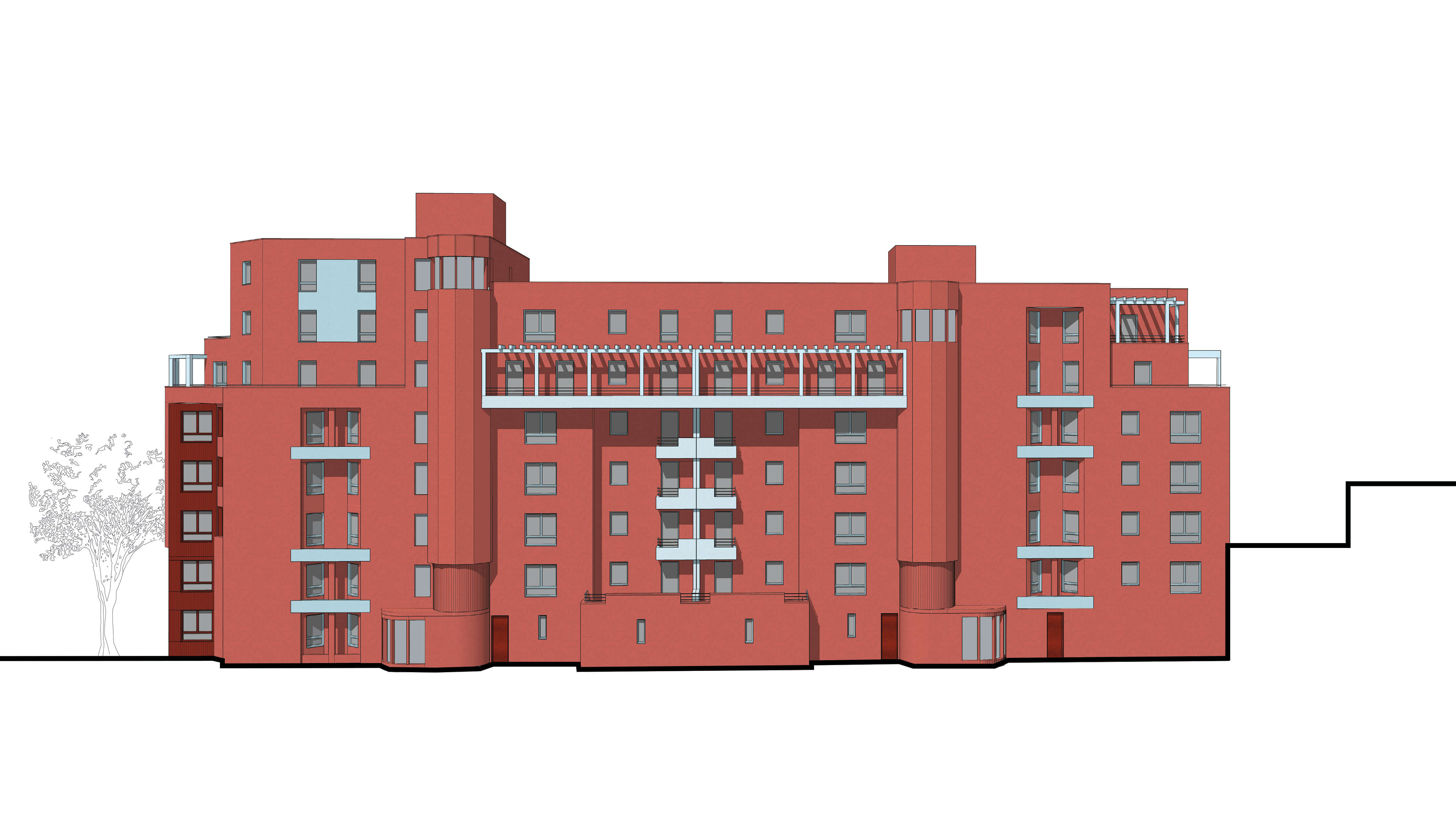 Dessin représentant la façade arrière rouge de la proposition Là-Haut dans le cadre du concours pour la rehabilitation plan climat rue kergomard