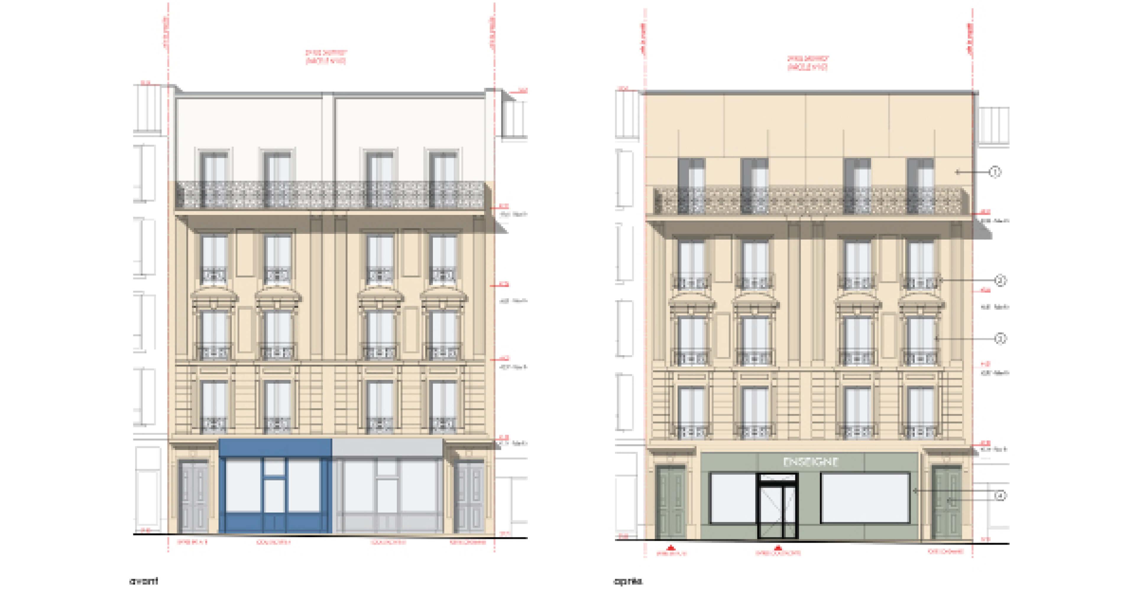 Plan en couleurs montrant les façades avant et après le projet de restructuration et réhabilitation rue Sauffroy