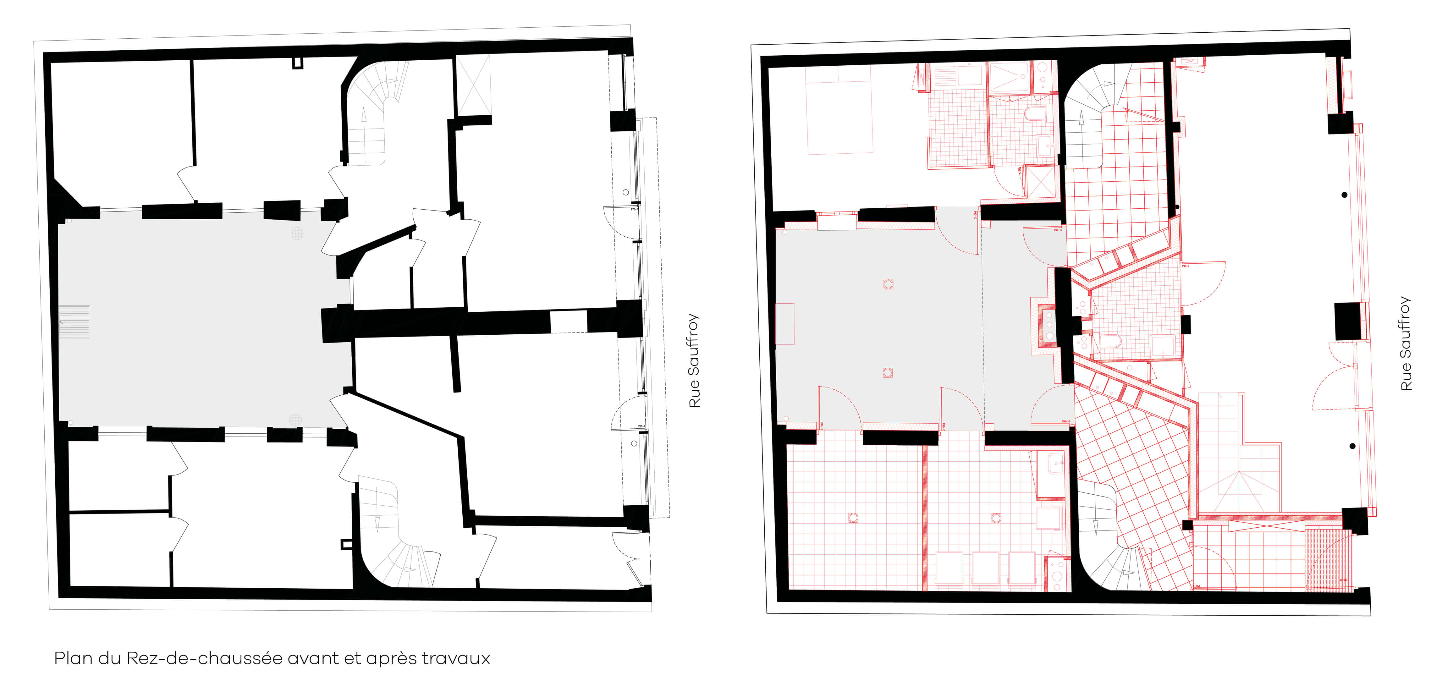 Plans du rez-de-chaussée avant et après la restructuration et réhabilitation rue Sauffroy